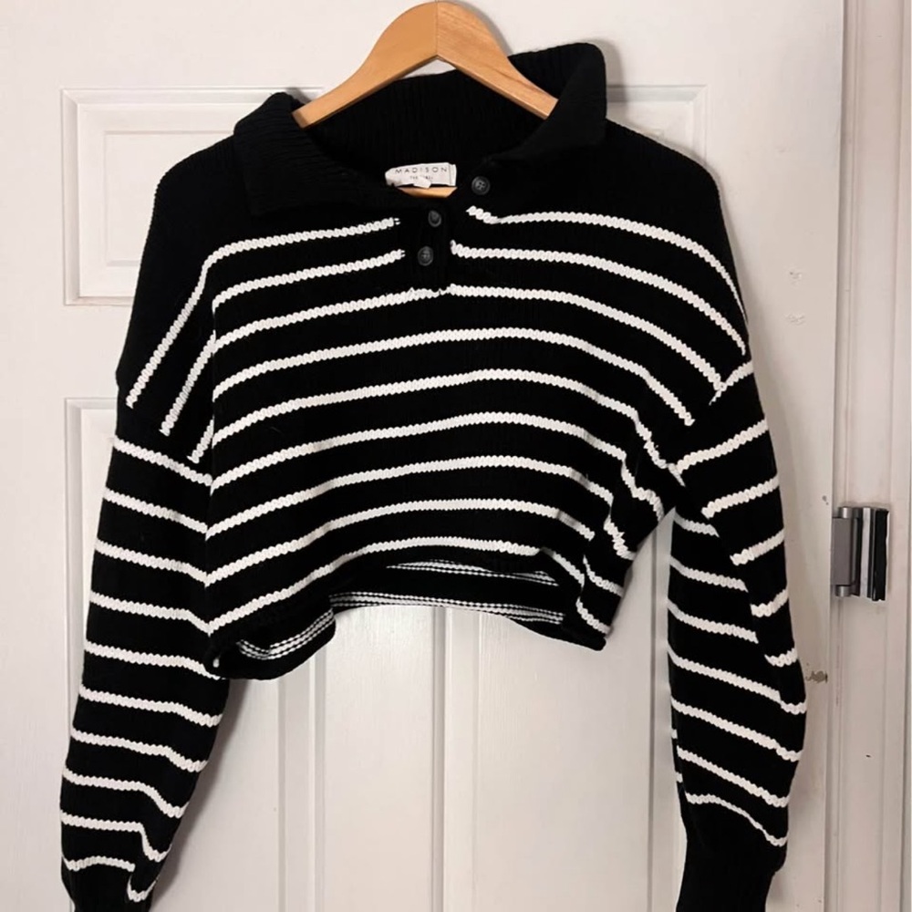 Madison Black & White Striped V-Neck Polo Cropped Sweater